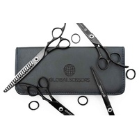 Panther 4 Piece Bundle Matte Black Pet Grooming 7.5 inch Cutting, Curved, Thinning & Chunker Scissor
